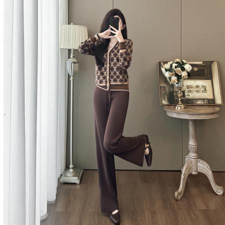FA46880# 欧洲站高级感休闲时尚显瘦职业香风针织开衫女阔腿裤时髦两件套装 服裝批發女裝批發服飾貨源