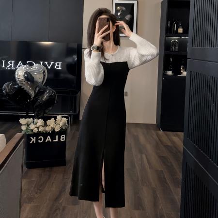 FA46883# 法式复古气质高级感御姐范秋季新款针织连衣裙女赫本风撞色打底裙 服裝批發女裝批發服飾貨源