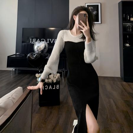 FA46883# 法式复古气质高级感御姐范秋季新款针织连衣裙女赫本风撞色打底裙 服裝批發女裝批發服飾貨源