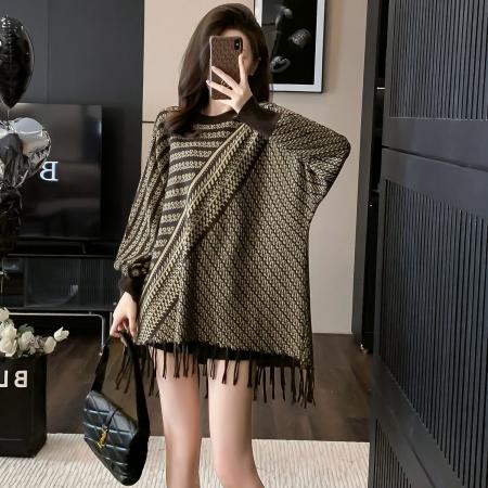 FA46884# 韩版慵懒风秋季新款休闲气质经典时尚设计感拼色流苏条纹针织衫 服裝批發女裝批發服飾貨源