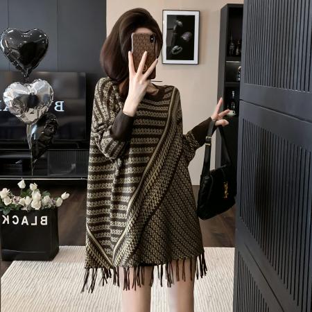 FA46884# 韩版慵懒风秋季新款休闲气质经典时尚设计感拼色流苏条纹针织衫 服裝批發女裝批發服飾貨源