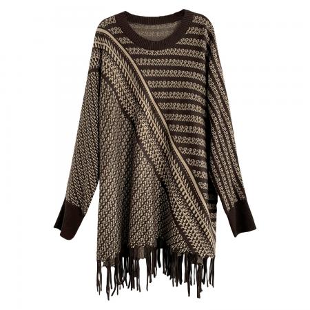 FA46884# 韩版慵懒风秋季新款休闲气质经典时尚设计感拼色流苏条纹针织衫 服裝批發女裝批發服飾貨源