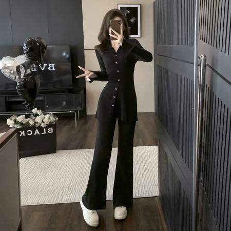 FA46885# 小香风名媛高级感小众翻领针织套装秋季新款炸街宽松阔腿裤两件套 服裝批發女裝批發服飾貨源