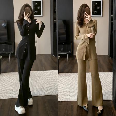 FA46885# 小香风名媛高级感小众翻领针织套装秋季新款炸街宽松阔腿裤两件套 服裝批發女裝批發服飾貨源