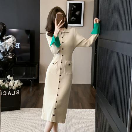 FA46886# 法式御姐小香风长袖polo领显瘦包臂连衣裙小众设计气质名媛裙女 服裝批發女裝批發服飾貨源