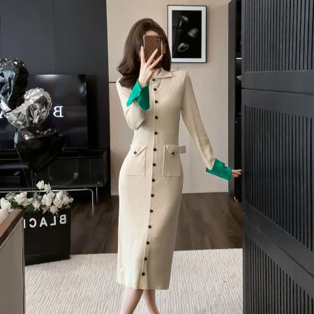 FA46886# 法式御姐小香风长袖polo领显瘦包臂连衣裙小众设计气质名媛裙女 服裝批發女裝批發服飾貨源