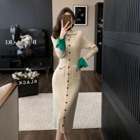 FA46886# 法式御姐小香风长袖polo领显瘦包臂连衣裙小众设计气质名媛裙女 服裝批發女裝批發服飾貨源