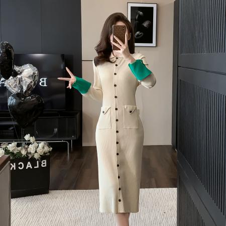 FA46886# 法式御姐小香风长袖polo领显瘦包臂连衣裙小众设计气质名媛裙女 服裝批發女裝批發服飾貨源