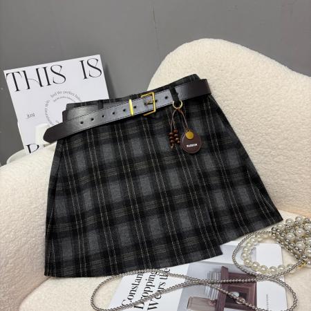FA46659# 秋冬新款不规则毛呢格子半身裙加厚设计感韩版a字短裙  服裝批發女裝批發服飾貨源