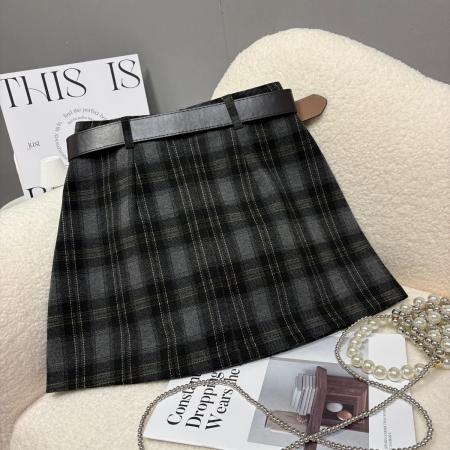 FA46659# 秋冬新款不规则毛呢格子半身裙加厚设计感韩版a字短裙  服裝批發女裝批發服飾貨源