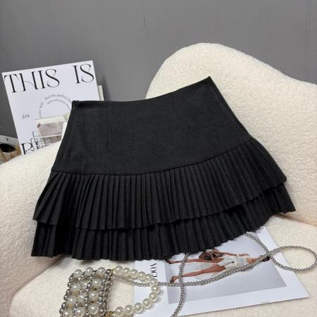 FA46661# 秋冬新款加厚毛呢百褶半身裙学院风韩版百搭减龄a字短裙  服裝批發女裝批發服飾貨源