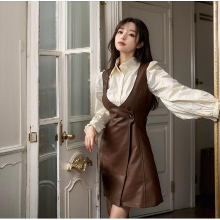 FA46664# 秋季新款女装套装polo领长袖衬衫a字背心连衣裙两件套时尚  服裝批發女裝批發服飾貨源