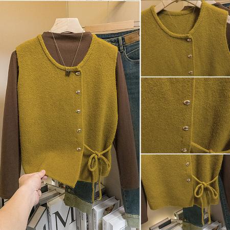 FA46665# 大码女装秋冬新款韩版小香风系带马甲气质背心时尚百搭两件套  服裝批發女裝批發服飾貨源