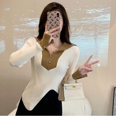 FA46668# 韩版设计感拼色别致海军领针织衫女秋季新款显瘦气质长袖上衣  服裝批發女裝批發服飾貨源