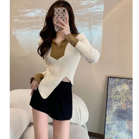 FA46668# 韩版设计感拼色别致海军领针织衫女秋季新款显瘦气质长袖上衣  服裝批發女裝批發服飾貨源