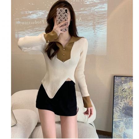 FA46668# 韩版设计感拼色别致海军领针织衫女秋季新款显瘦气质长袖上衣  服裝批發女裝批發服飾貨源