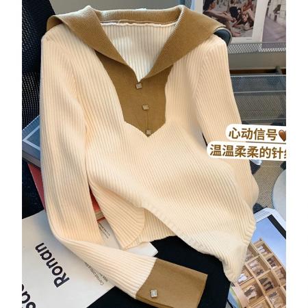 FA46668# 韩版设计感拼色别致海军领针织衫女秋季新款显瘦气质长袖上衣  服裝批發女裝批發服飾貨源