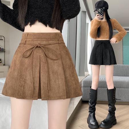 FA46674# 美拉德咖色鹿皮绒百褶裙半身裙女秋冬小个子高腰a字辣妹短裙  服裝批發女裝批發服飾貨源