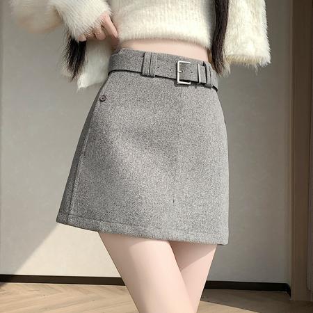 FA46675# 韩系洋气毛呢咖色半身裙女冬季新款显瘦百搭减龄A字短裙  服裝批發女裝批發服飾貨源