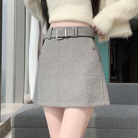 FA46675# 韩系洋气毛呢咖色半身裙女冬季新款显瘦百搭减龄A字短裙  服裝批發女裝批發服飾貨源