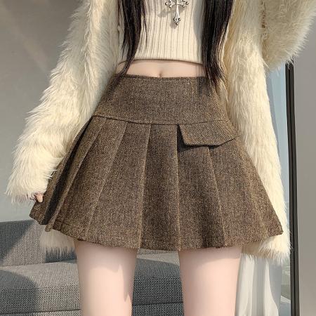 FA46676# 千鸟格毛呢裙半身裙女秋冬棕色高腰显瘦pu皮a字包臀百褶短裙  服裝批發女裝批發服飾貨源