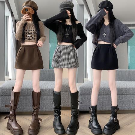 FA46677# 英伦风撞色格子小众减龄半身裙女秋冬季高腰显瘦花苞裙短裙  服裝批發女裝批發服飾貨源