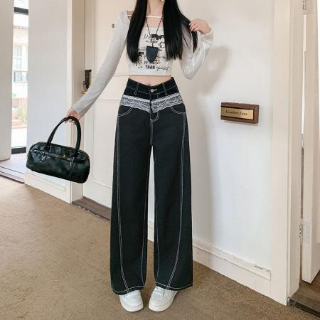FA46679# 设计感美式复古蕾丝花边拼接牛仔裤女街头显瘦黑色长裤  服裝批發女裝批發服飾貨源