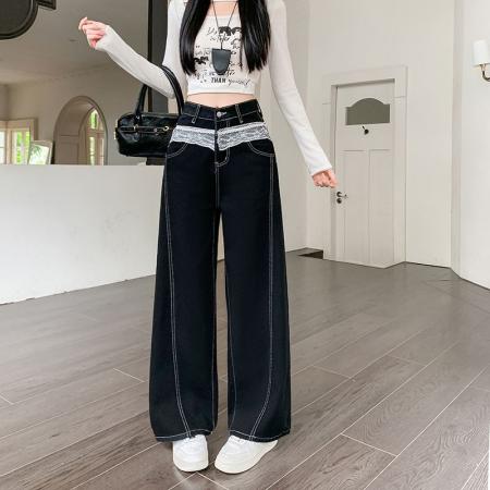 FA46679# 设计感美式复古蕾丝花边拼接牛仔裤女街头显瘦黑色长裤  服裝批發女裝批發服飾貨源