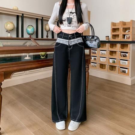 FA46679# 设计感美式复古蕾丝花边拼接牛仔裤女街头显瘦黑色长裤  服裝批發女裝批發服飾貨源