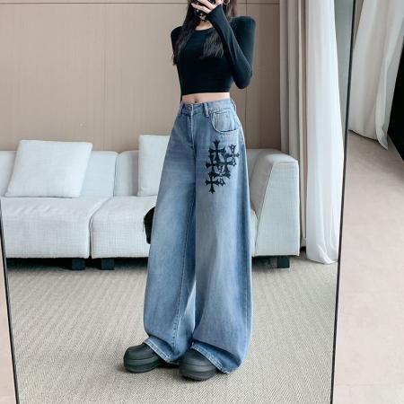 FA46680# 美式复古印花牛仔裤女秋季新款高腰宽松阔腿牛仔裤  服裝批發女裝批發服飾貨源
