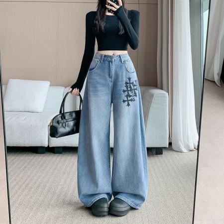 FA46680# 美式复古印花牛仔裤女秋季新款高腰宽松阔腿牛仔裤  服裝批發女裝批發服飾貨源