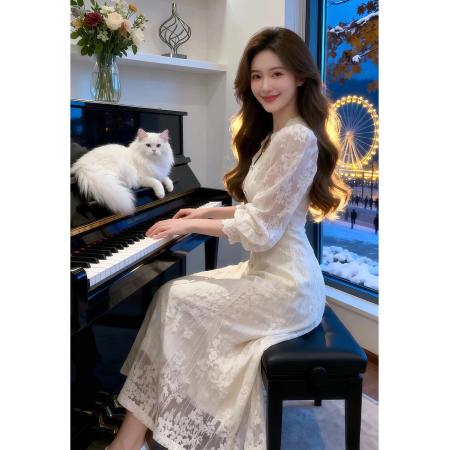 FA46681# 法式甜美蕾丝长袖连衣裙女春秋季新款修身显瘦气质温柔风打底裙子  服裝批發女裝批發服飾貨源