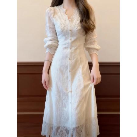 FA46681# 法式甜美蕾丝长袖连衣裙女春秋季新款修身显瘦气质温柔风打底裙子  服裝批發女裝批發服飾貨源