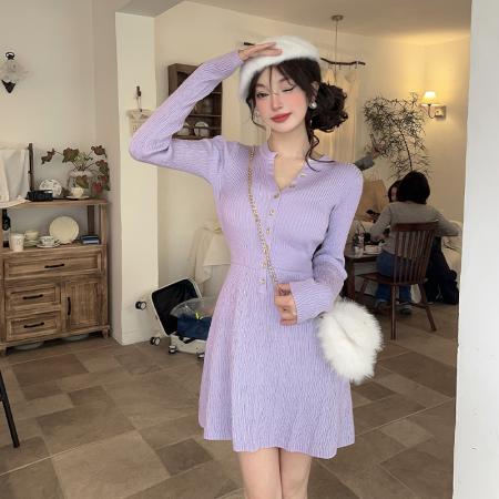 韩系慵懒紫色针织连衣裙女秋冬新别致独特收腰内搭打底A字裙  服裝批發女裝批發服飾貨源