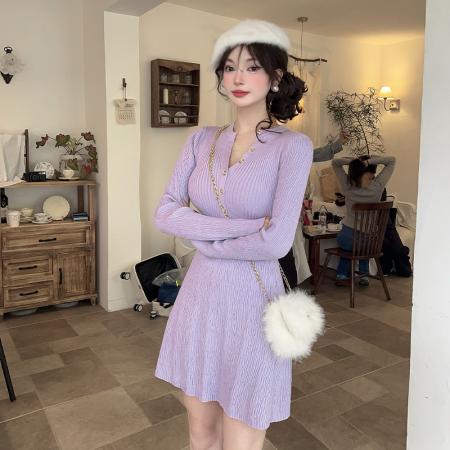 FA46684# 韩系慵懒紫色针织连衣裙女秋冬新别致独特收腰内搭打底A字裙  服裝批發女裝批發服飾貨源