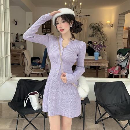 FA46684# 韩系慵懒紫色针织连衣裙女秋冬新别致独特收腰内搭打底A字裙  服裝批發女裝批發服飾貨源