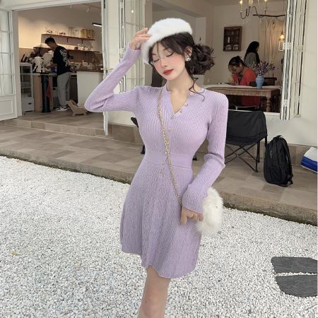 FA46684# 韩系慵懒紫色针织连衣裙女秋冬新别致独特收腰内搭打底A字裙  服裝批發女裝批發服飾貨源