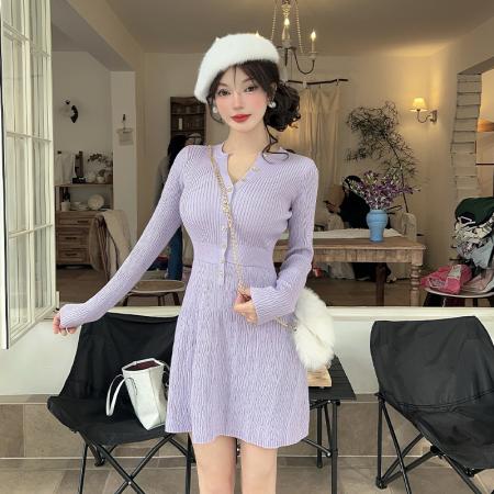 FA46684# 韩系慵懒紫色针织连衣裙女秋冬新别致独特收腰内搭打底A字裙  服裝批發女裝批發服飾貨源