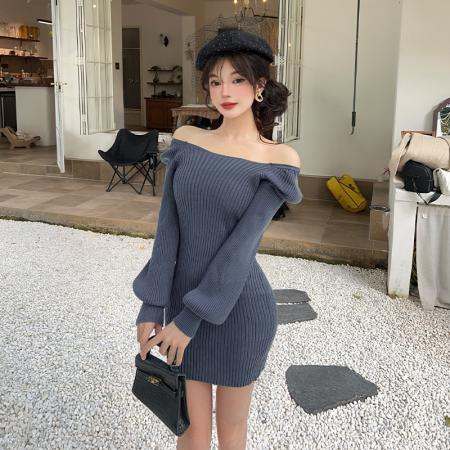FA46685# 秋冬法式小众泡泡袖方领针织连衣裙女修身显瘦打底包臀短裙子  服裝批發女裝批發服飾貨源