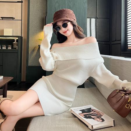 设计感长袖针织连衣裙女早秋新款法式包臀裙一字肩毛衣裙  服裝批發女裝批發服飾貨源