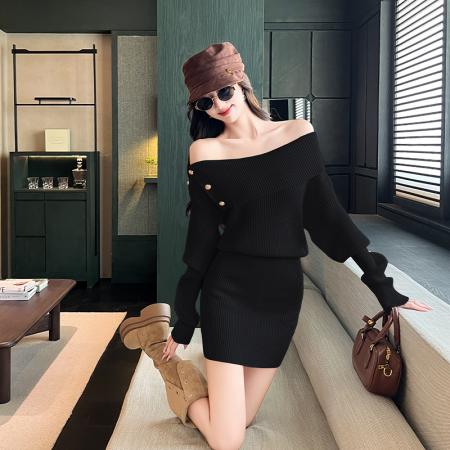 FA46688# 设计感长袖针织连衣裙女早秋新款法式包臀裙一字肩毛衣裙  服裝批發女裝批發服飾貨源