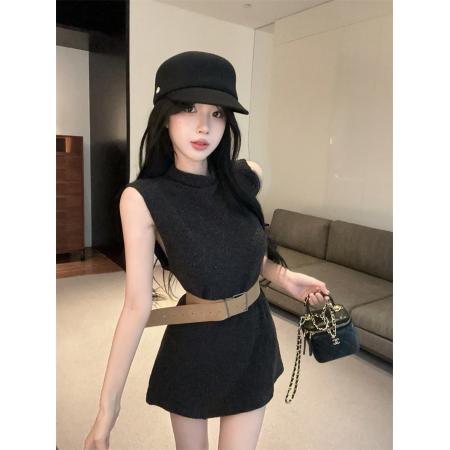 新款简约半高领毛绒背心针织连衣裙配腰带  服裝批發女裝批發服飾貨源