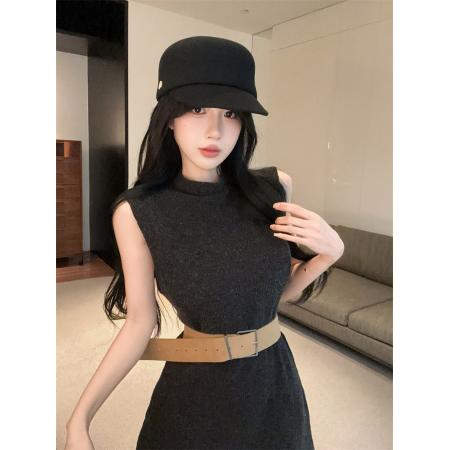 FA46690# 新款简约半高领毛绒背心针织连衣裙配腰带  服裝批發女裝批發服飾貨源