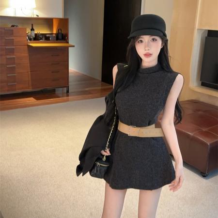 FA46690# 新款简约半高领毛绒背心针织连衣裙配腰带  服裝批發女裝批發服飾貨源