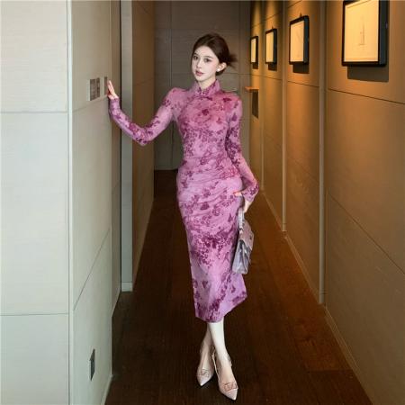 FA46697# 新中式气质优雅高腰设计感立体提花收腰显瘦中长款旗袍裙  服裝批發女裝批發服飾貨源