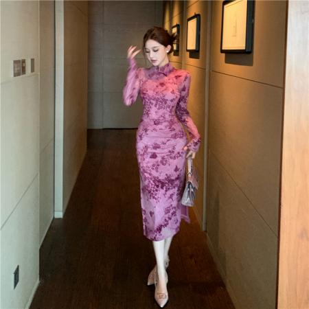 FA46697# 新中式气质优雅高腰设计感立体提花收腰显瘦中长款旗袍裙  服裝批發女裝批發服飾貨源