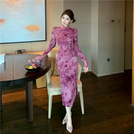 FA46697# 新中式气质优雅高腰设计感立体提花收腰显瘦中长款旗袍裙  服裝批發女裝批發服飾貨源