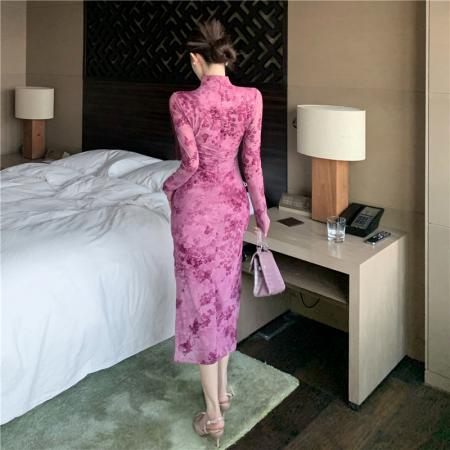 FA46697# 新中式气质优雅高腰设计感立体提花收腰显瘦中长款旗袍裙  服裝批發女裝批發服飾貨源