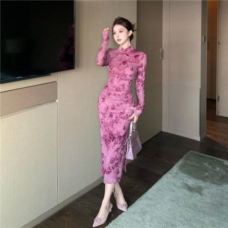 FA46697# 新中式气质优雅高腰设计感立体提花收腰显瘦中长款旗袍裙  服裝批發女裝批發服飾貨源