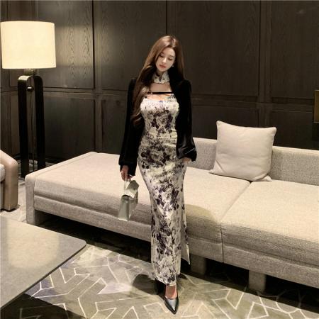 FA46699# 新中式气质印花拼色灯笼袖开叉长款丝绒旗袍裙连衣裙  服裝批發女裝批發服飾貨源